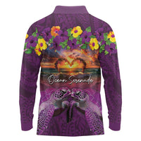 Hawaiian Turtle Love Couple Long Sleeve Polo Shirt Ocean Serenade - Honu Honi Ihu with Hibiscus and Romantic Sunset Purple Color