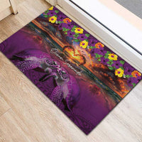 Hawaiian Turtle Love Couple Rubber Doormat Ocean Serenade - Honu Honi Ihu with Hibiscus and Romantic Sunset Purple Color