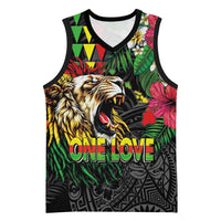 Hawaiian One Love Basketball Jersey Reggae Lion Tropical Plants and Kakau with Tribal Pattern LT03 Unisex Black - Polynesian Pride