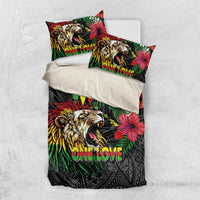 Hawaiian One Love Bedding Set Reggae Lion Tropical Plants and Kakau with Tribal Pattern LT03 US Twin 172cm x 218cm Black - Polynesian Pride