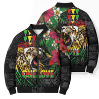 Hawaiian One Love Bomber Puffer Jacket Reggae Lion Tropical Plants and Kakau with Tribal Pattern LT03 - Polynesian Pride