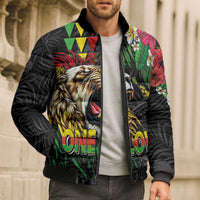 Hawaiian One Love Bomber Puffer Jacket Reggae Lion Tropical Plants and Kakau with Tribal Pattern LT03 - Polynesian Pride