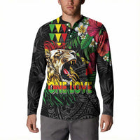 Hawaiian One Love Button Sweatshirt Reggae Lion Tropical Plants and Kakau with Tribal Pattern LT03 - Polynesian Pride