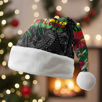 Hawaiian One Love Christmas Santa Hat Reggae Lion Tropical Plants and Kakau with Tribal Pattern LT03 Without Fur Black - Polynesian Pride