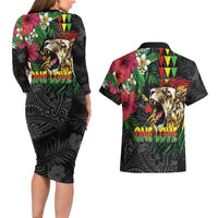 Hawaiian One Love Couples Matching Long Sleeve Bodycon Dress and Hawaiian Shirt Reggae Lion Tropical Plants and Kakau with Tribal Pattern