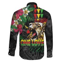 Hawaiian One Love Family Matching Off The Shoulder Long Sleeve Dress and Hawaiian Shirt Reggae Lion Tropical Plants and Kakau with Tribal Pattern
