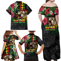 Hawaiian One Love Family Matching Off Shoulder Maxi Dress and Hawaiian Shirt Reggae Lion Tropical Plants and Kakau with Tribal Pattern