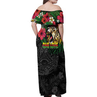 Hawaiian One Love Family Matching Off Shoulder Maxi Dress and Hawaiian Shirt Reggae Lion Tropical Plants and Kakau with Tribal Pattern
