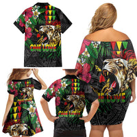 Hawaiian One Love Family Matching Off Shoulder Short Dress and Hawaiian Shirt Reggae Lion Tropical Plants and Kakau with Tribal Pattern