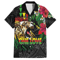 Hawaiian One Love Hawaiian Shirt Reggae Lion Tropical Plants and Kakau with Tribal Pattern LT03 Black - Polynesian Pride