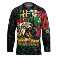 Hawaiian One Love Hockey Jersey Reggae Lion Tropical Plants and Kakau with Tribal Pattern LT03 Unisex Black - Polynesian Pride