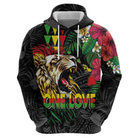 Hawaiian One Love Hoodie Reggae Lion Tropical Plants and Kakau with Tribal Pattern LT03 - Polynesian Pride