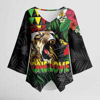 Hawaiian One Love Kimono Sleeve Blouse Reggae Lion Tropical Plants and Kakau with Tribal Pattern LT03 Female Black - Polynesian Pride