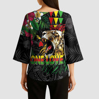 Hawaiian One Love Kimono Sleeve Blouse Reggae Lion Tropical Plants and Kakau with Tribal Pattern LT03 - Polynesian Pride