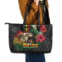 Hawaiian One Love Leather Tote Bag Reggae Lion Tropical Plants and Kakau with Tribal Pattern LT03 - Polynesian Pride