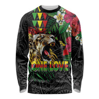 Hawaiian One Love Long Sleeve Shirt Reggae Lion Tropical Plants and Kakau with Tribal Pattern LT03 Unisex Black - Polynesian Pride