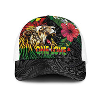 Hawaiian One Love Mesh Trucker Cap Reggae Lion Tropical Plants and Kakau with Tribal Pattern LT03 One Size White Black - Polynesian Pride