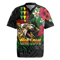 Hawaiian One Love Rugby Jersey Reggae Lion Tropical Plants and Kakau with Tribal Pattern LT03 Black - Polynesian Pride