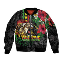 Hawaiian One Love Sleeve Zip Bomber Jacket Reggae Lion Tropical Plants and Kakau with Tribal Pattern LT03 Unisex Black - Polynesian Pride