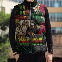 Hawaiian One Love Sleeveless Puffer Jacket Reggae Lion Tropical Plants and Kakau with Tribal Pattern LT03 - Polynesian Pride