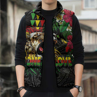 Hawaiian One Love Sleeveless Puffer Jacket Reggae Lion Tropical Plants and Kakau with Tribal Pattern LT03 - Polynesian Pride