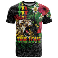 Hawaiian One Love T Shirt Reggae Lion Tropical Plants and Kakau with Tribal Pattern LT03 Black - Polynesian Pride