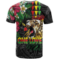 Hawaiian One Love T Shirt Reggae Lion Tropical Plants and Kakau with Tribal Pattern LT03 - Polynesian Pride