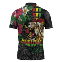 Hawaiian One Love Zipper Polo Shirt Reggae Lion Tropical Plants and Kakau with Tribal Pattern LT03 - Polynesian Pride