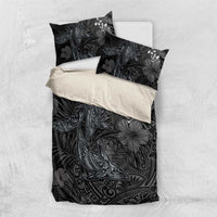 Hawaiian Tropical Plants and Tribal Whales Bedding Set Polynesian Art Tattoo Grayscale LT03 US Twin 172cm x 218cm Black - Polynesian Pride