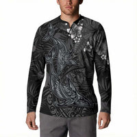 Hawaiian Tropical Plants and Tribal Whales Button Sweatshirt Polynesian Art Tattoo Grayscale LT03 - Polynesian Pride