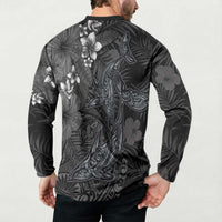 Hawaiian Tropical Plants and Tribal Whales Button Sweatshirt Polynesian Art Tattoo Grayscale LT03 - Polynesian Pride