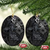 Hawaiian Tropical Plants and Tribal Whales Ceramic Ornament Polynesian Art Tattoo Grayscale LT03 Oval Black - Polynesian Pride