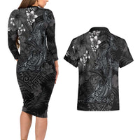 Hawaiian Tropical Plants and Tribal Whales Couples Matching Long Sleeve Bodycon Dress and Hawaiian Shirt Polynesian Art Tattoo Grayscale