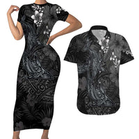 Hawaiian Tropical Plants and Tribal Whales Couples Matching Short Sleeve Bodycon Dress and Hawaiian Shirt Polynesian Art Tattoo Grayscale