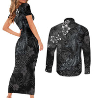 Hawaiian Tropical Plants and Tribal Whales Couples Matching Short Sleeve Bodycon Dress and Long Sleeve Button Shirt Polynesian Art Tattoo Grayscale