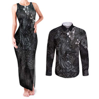 Hawaiian Tropical Plants and Tribal Whales Couples Matching Tank Maxi Dress and Long Sleeve Button Shirt Polynesian Art Tattoo Grayscale