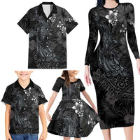 Hawaiian Tropical Plants and Tribal Whales Family Matching Long Sleeve Bodycon Dress and Hawaiian Shirt Polynesian Art Tattoo Grayscale
