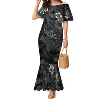 Hawaiian Tropical Plants and Tribal Whales Family Matching Mermaid Dress and Hawaiian Shirt Polynesian Art Tattoo Grayscale