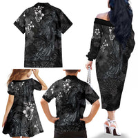 Hawaiian Tropical Plants and Tribal Whales Family Matching Off The Shoulder Long Sleeve Dress and Hawaiian Shirt Polynesian Art Tattoo Grayscale