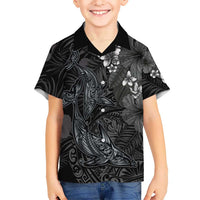 Hawaiian Tropical Plants and Tribal Whales Family Matching Short Sleeve Bodycon Dress and Hawaiian Shirt Polynesian Art Tattoo Grayscale