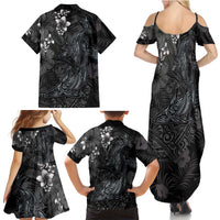 Hawaiian Tropical Plants and Tribal Whales Family Matching Summer Maxi Dress and Hawaiian Shirt Polynesian Art Tattoo Grayscale