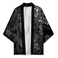 Hawaiian Tropical Plants and Tribal Whales Kimono Polynesian Art Tattoo Grayscale LT03 Unisex Black - Polynesian Pride