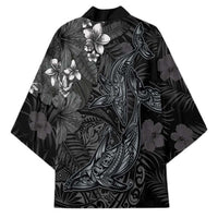 Hawaiian Tropical Plants and Tribal Whales Kimono Polynesian Art Tattoo Grayscale LT03 - Polynesian Pride
