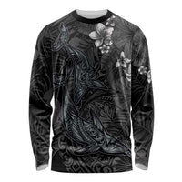 Hawaiian Tropical Plants and Tribal Whales Long Sleeve Shirt Polynesian Art Tattoo Grayscale LT03 Unisex Black - Polynesian Pride