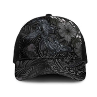 Hawaiian Tropical Plants and Tribal Whales Mesh Trucker Cap Polynesian Art Tattoo Grayscale LT03 One Size Black Black - Polynesian Pride