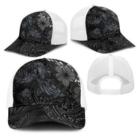 Hawaiian Tropical Plants and Tribal Whales Mesh Trucker Cap Polynesian Art Tattoo Grayscale LT03 - Polynesian Pride