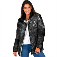 Hawaiian Tropical Plants and Tribal Whales Padded Jacket Polynesian Art Tattoo Grayscale LT03 Women Black - Polynesian Pride