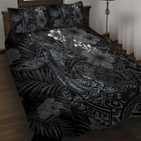 Hawaiian Tropical Plants and Tribal Whales Quilt Bed Set Polynesian Art Tattoo Grayscale LT03 Black - Polynesian Pride
