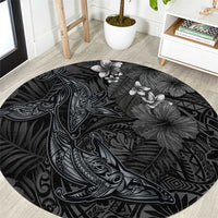 Hawaiian Tropical Plants and Tribal Whales Round Carpet Polynesian Art Tattoo Grayscale LT03 Black - Polynesian Pride