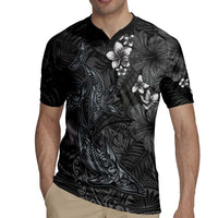 Hawaiian Tropical Plants and Tribal Whales Rugby Jersey Polynesian Art Tattoo Grayscale LT03 - Polynesian Pride